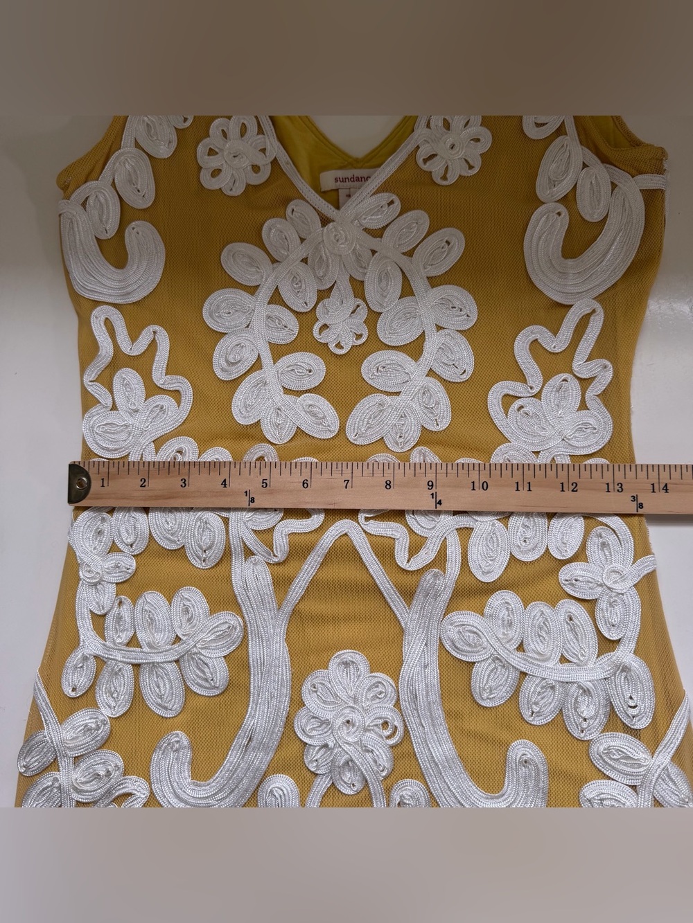 Sundance Dress Midi Mesh Appliqué Sleeveless Yellow Size Small Wedding Guest - Picture 7 of 10